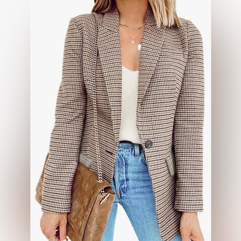 Large, Asvivid Plaid Turn Down Lapel Open Front Blazers for Women Office One